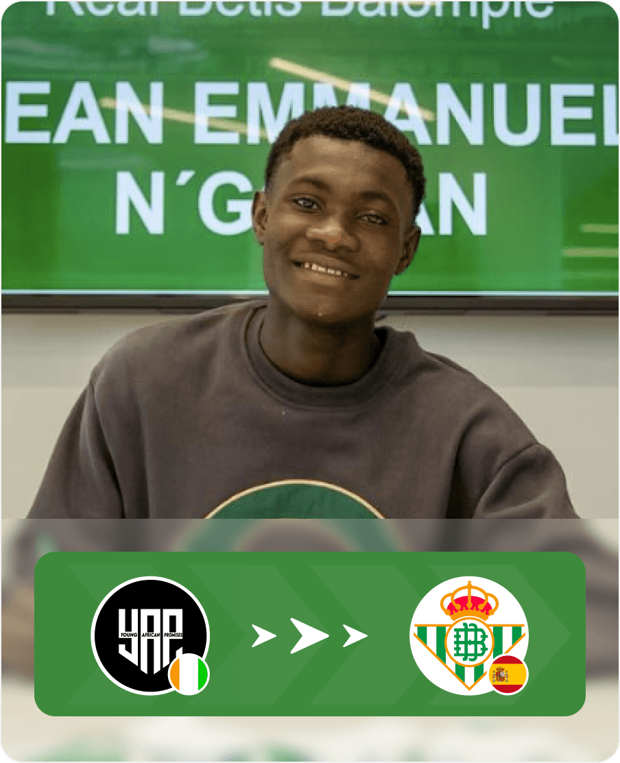 Jean Emmanuel N'G'N smiling, wearing a grey shirt, with Real Betis Balompié logo and a transfer from YAP.