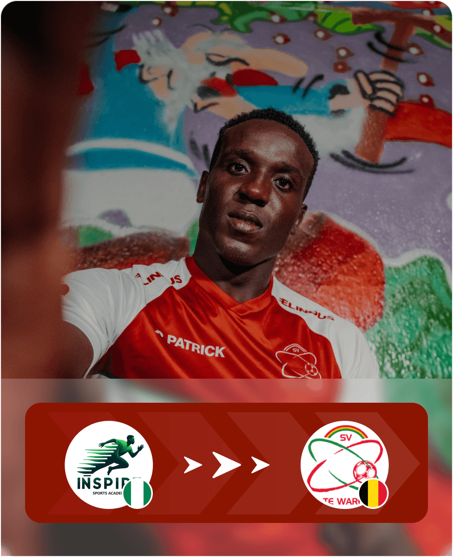Footballer in a red and white jersey against a colorful mural, indicating a transfer from a Nigerian club (green turtle crest) to a Belgian club (red and white 'CSB' crest).